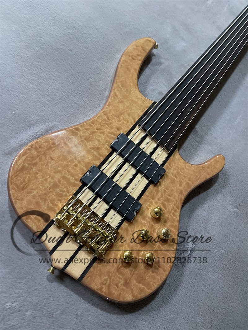 Bass Guitar Fretless - 6-snarige basgitaar zonder frets, met quilted